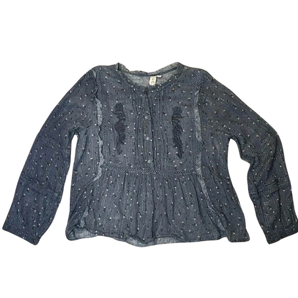 Anthropology Dolan Women’s Dk Blue Floral Long Sleeve Blouse Button Front SzXLG